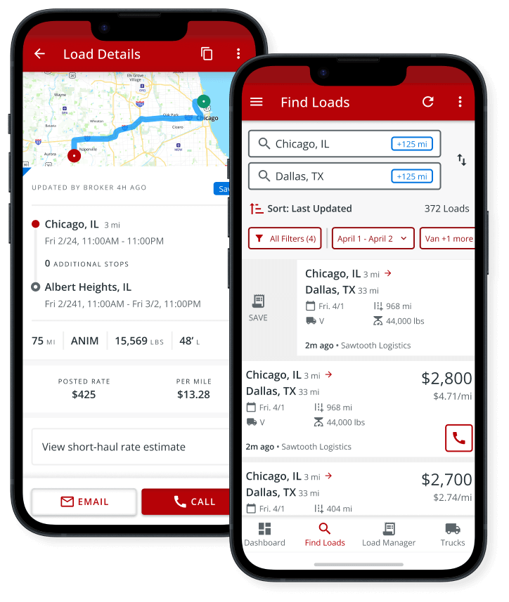 Two phones side by side showing the Load Board app screens