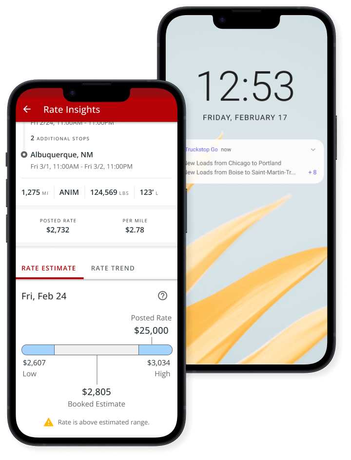 Two phones side by side with one showing the Truckstop.com Rate Insights screen and one showing a home screen with an app notification