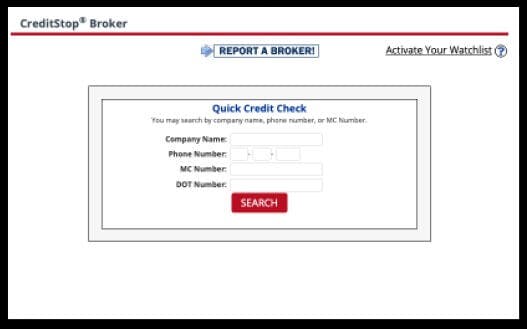 Screen showing Truckstop.com Credit Stop Broker