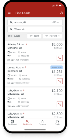 An iPhone shows a screen of carrier load search functionality in the Truckstop mobile app.
