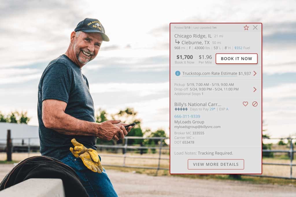 Owner operator smiling with book it now preview overlayed.