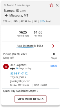 Screen showing Truckstop.com Rate Estimate