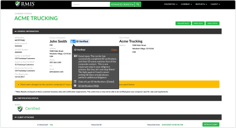 RMIS Customer Dashboard Screenshot Showing Carrier Verification