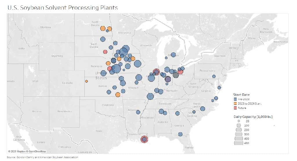 US map showing soybean solvent processing maps during harvest season