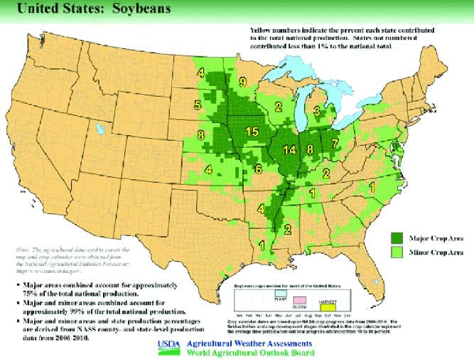US map showing major and minor soybean production by state