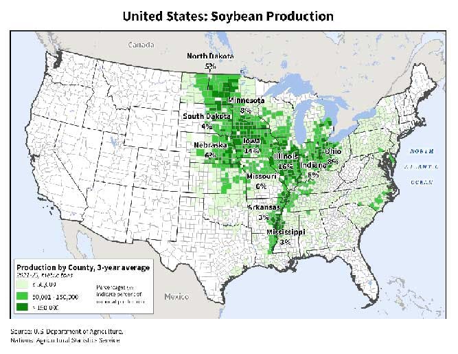 US map showing soybean production by state