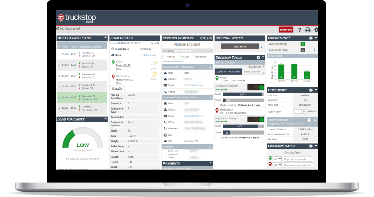 Laptop screen shot of Truckstop.com platform