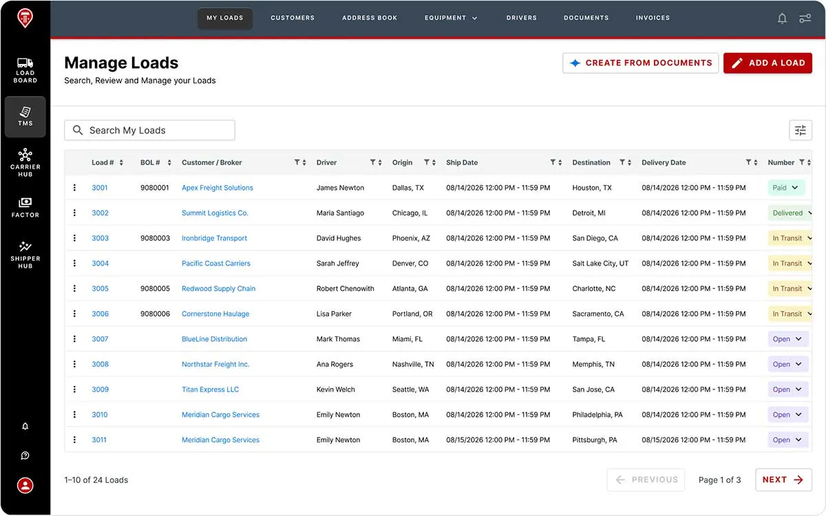 Truckstop TMS Manage Loads screen listing loads with customer, driver, origin, destination, and status