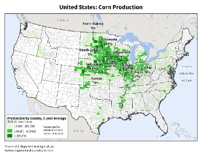 A USA map detailing corn production in the Midwest.