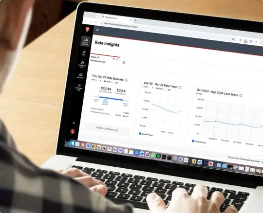 Truckstop user viewing Rate Insights Basic with a rate estimate, rate trend, and lane trend on a laptop
