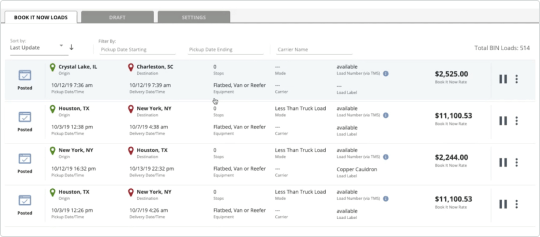 Book Your Loads Faster with Book It Now - preview of load board list view